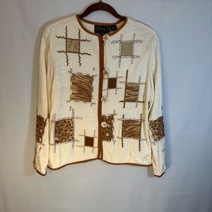 Alex Kim Cream Brown Animal Print PatchWork Front Button Oversized Jacket Size S